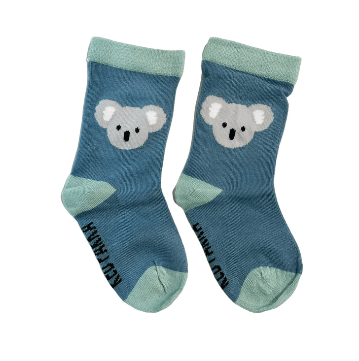 Pair of blue socks with koala face design on a white background