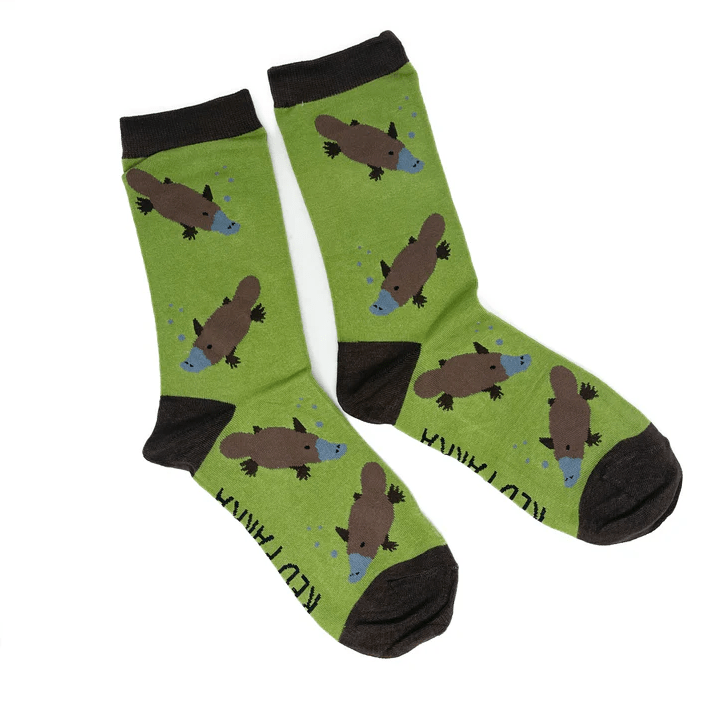 Green socks with platypus design on a white background