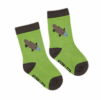 Green socks with platypus design on a white background